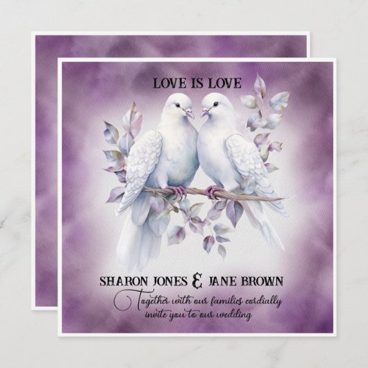 ツー・ホワイト・ドヴス・レズビアン・ウェディング 招待状 (正面/裏面)
