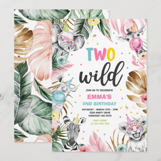 ツー ワイルド バースデー ゴールド サファリ ジャングル アニマルズ パーティー 招待状 (正面/裏面)
