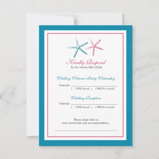 ツ星のサンゴとピーコックとピンクの返信カード 招待状 (正面)