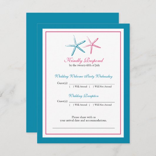 ツ星のサンゴとピーコックとピンクの返信カード 招待状 (正面/裏面)