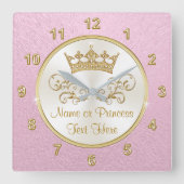 テすごいキスト付きピかわいらしンクプリンセス時計 スクエア壁時計 (正面)