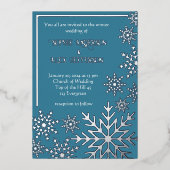 テアルブルーの冬のウェディングフォイル雪フレーク 箔招待状 (正面)