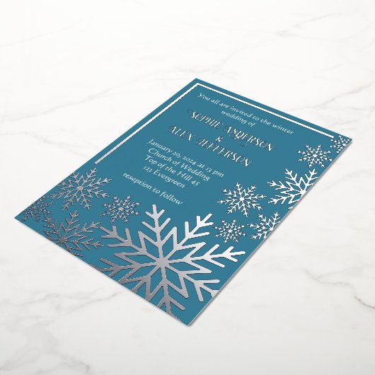 テアルブルーの冬のウェディングフォイル雪フレーク 箔招待状 (回転した状態)