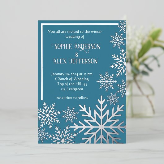 テアルブルーの冬のウェディングフォイル雪フレーク 箔招待状 (立ち正面)