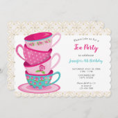ティお洒落ーパーティー誕生日ティーカップズカワイトピンク 招待状 (正面/裏面)