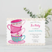 ティお洒落ーパーティー誕生日ティーカップズカワイトピンク 招待状 (スタンド正面)