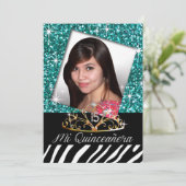 ティきらきら光るアラゼブラキンセアニェラ15th誕生日|ティール(緑がかった色) 招待状 (スタンド正面)
