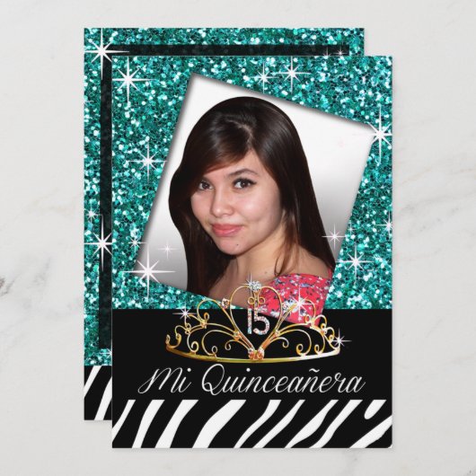 ティきらきら光るアラゼブラキンセアニェラ15th誕生日|ティール(緑がかった色) 招待状 (正面/裏面)