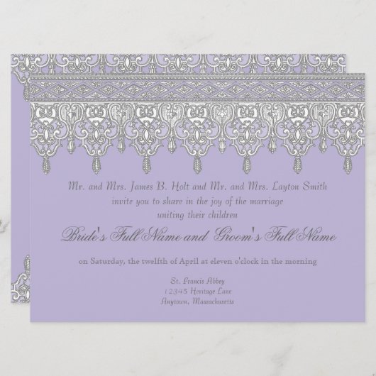 ティアドロップレース、ラベンダー&グレー – ウェディング招待 招待状 (正面/裏面)