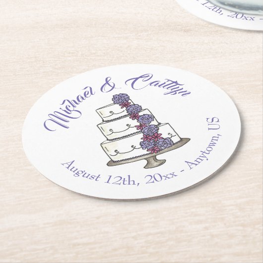 ティアド・パープル結婚フローラのケーキブライダルシャワー ラウンドペーパーコースター (アングル)