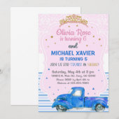 ティアラとトラックの兄弟姉妹招待状。招待状 招待状 (正面/裏面)