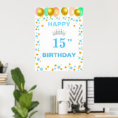 ティアラと風船と金の紙吹雪の15歳の誕生日 ポスター (ホームオフィス)