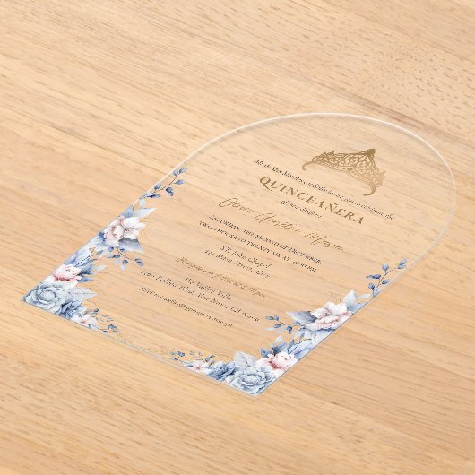 ティアラエレガント金ゴールドブルーバラキンセアニラ アクリル招待状 (レイダウン)