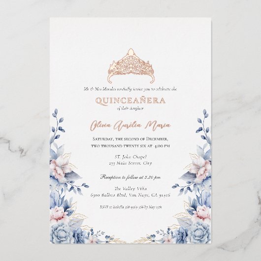 ティアラエレガント金ゴールドブルーバラキンセアニラ 箔招待状 (正面)