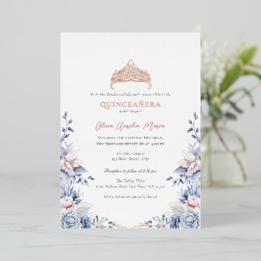 ティアラエレガント金ゴールドブルーバラキンセアニラ 箔招待状 (立ち正面)