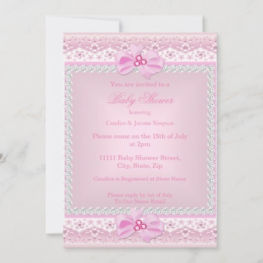 ティアラガールプリンセスベビーシャワーピンクパールブロンド 招待状 (裏面)