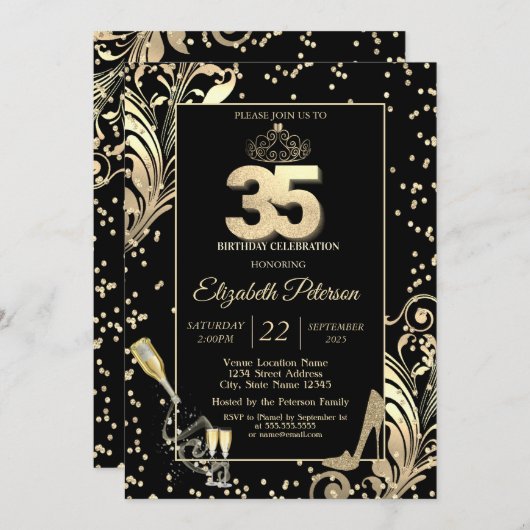 ティアラグリッターハイトダイヤモンドスワーズ35誕生日 招待状 (正面/裏面)