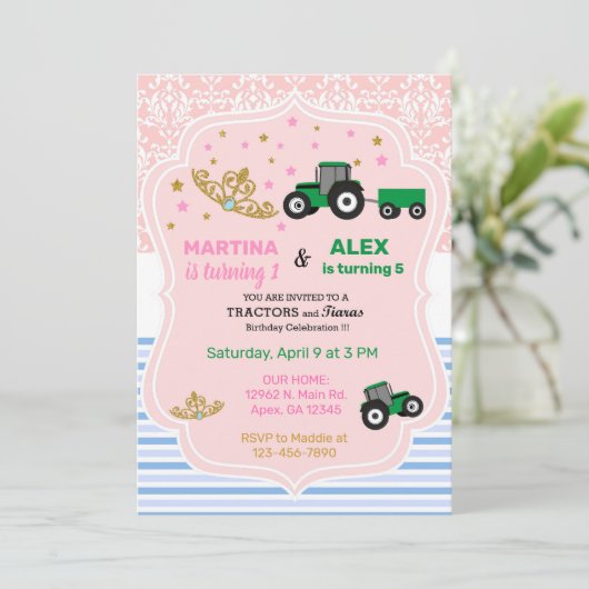 ティアラスとトラクターの兄弟姉妹誕生日招待状。 招待状 (スタンド正面)