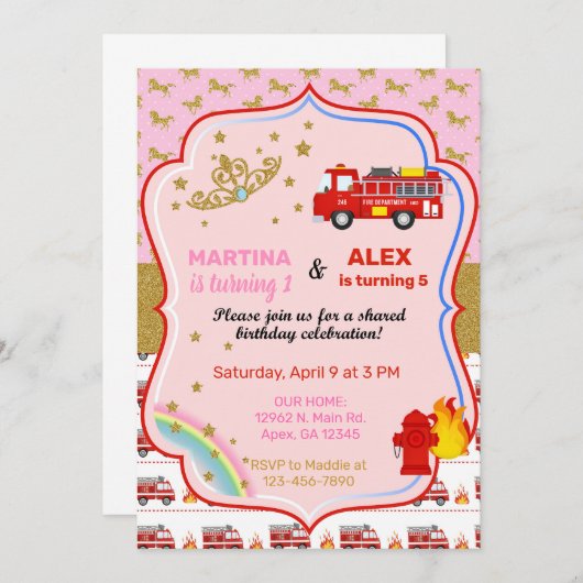 ティアラスと消防車の兄弟姉妹誕生日招待状。 招待状 (正面/裏面)