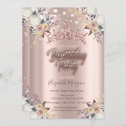 ティアラスターズフラワーズバラ金ゴールドバースデーパーティー 招待状 (正面/裏面)