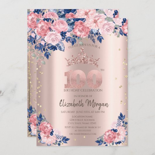 ティアラダイアモンズブルーバラバラ金ゴールド100th誕生日 招待状 (正面/裏面)