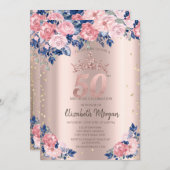 ティアラダイアモンズブルーバラバラ金ゴールド50th誕生日 招待状 (正面/裏面)