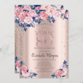 ティアラダイアモンズブルーバラバラ金ゴールド80th誕生日 招待状 (正面/裏面)