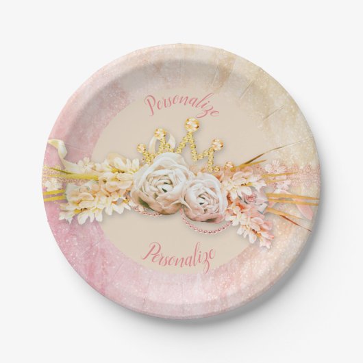 ティアラダイヤモンドフローラブーケピンク金ゴールドガーリーかわいい ペーパープレート (正面)