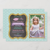 ティアラトゥピンクバレエミントグリッター誕生日写真 招待状 (正面/裏面)