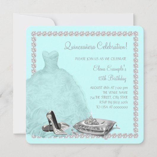 ティアラハイヒールシューズティール(緑がかった色)ブルーキンセアニェラ 招待状 (正面)