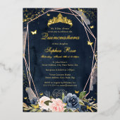 ティアラバタフライフローラルネイビーピンクキンセアネラ 箔招待状 (正面)