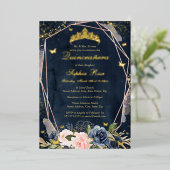 ティアラバタフライフローラルネイビーピンクキンセアネラ 箔招待状 (立ち正面)