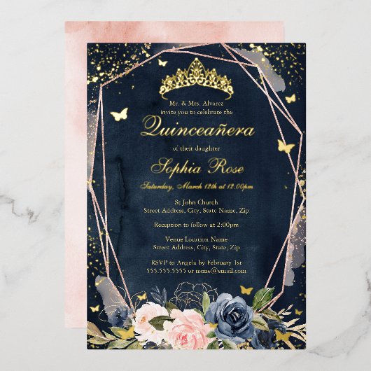 ティアラバタフライフローラルネイビーピンクキンセアネラ 箔招待状 (正面/裏面)