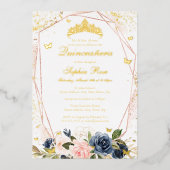 ティアラバタフライフローラルピンクネイビーキンセアネラ 箔招待状 (正面)