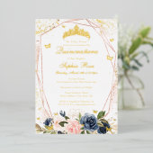 ティアラバタフライフローラルピンクネイビーキンセアネラ 箔招待状 (立ち正面)