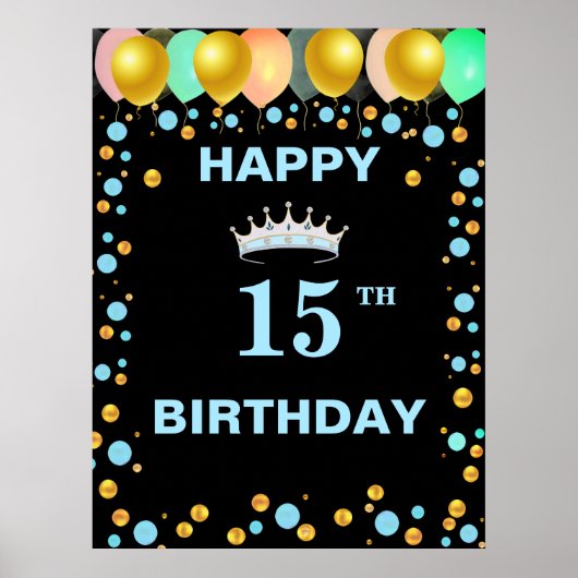 ティアラバルーン&金ゴールド紙吹雪15誕生日 ポスター (正面)