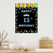 ティアラバルーン&金ゴールド紙吹雪15誕生日 ポスター (キッチン)