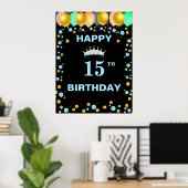 ティアラバルーン&金ゴールド紙吹雪15誕生日 ポスター (ホームオフィス)