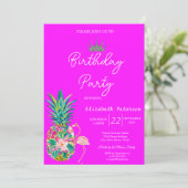 ティアラパイナップルピンクフラミンゴスネオンピンク誕生日 招待状 (スタンド正面)
