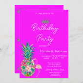 ティアラパイナップルピンクフラミンゴスネオンピンク誕生日 招待状 (正面/裏面)