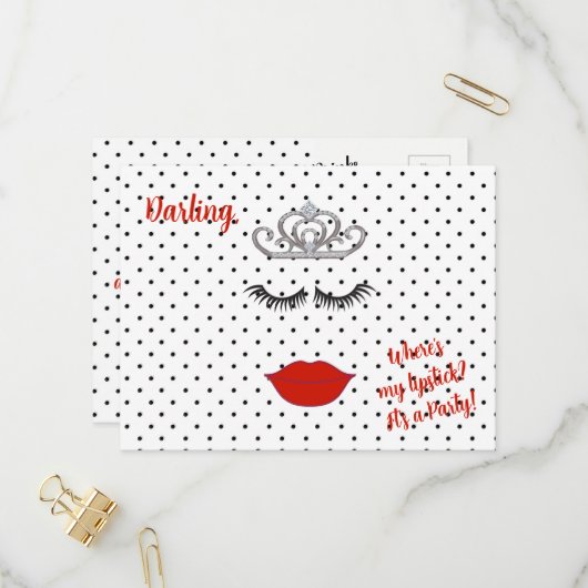 ティアラパーティーどこ私の口紅水玉模様 インビテーションポストカード (正面/裏面インサイチュ)