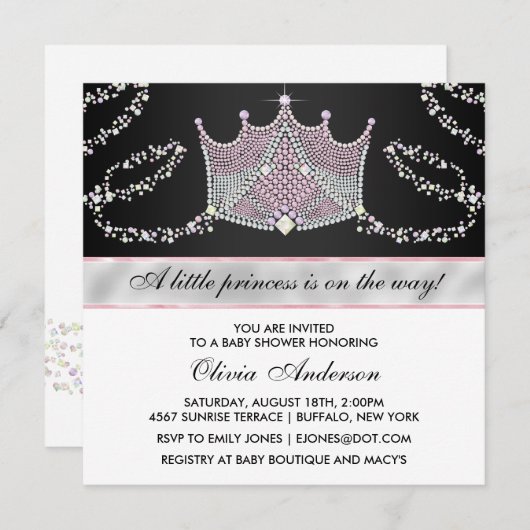 ティアラピンクブラックベビーガールプリンセスベビーシャワー 招待状 (正面/裏面)