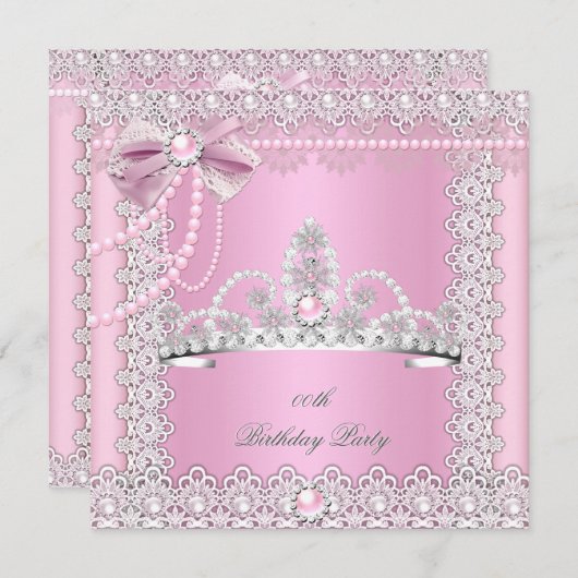 ティアラピンクホワイトパールレースボウバースデーパーティー2 招待状 (正面/裏面)