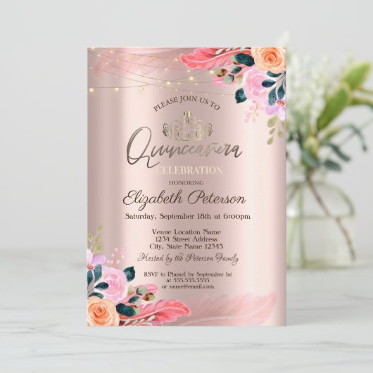 ティアラフラワーズフェザーバラ金ゴールドキンセアニラ 招待状 (スタンド正面)