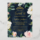 ティアラフローラスイート16ピンクネイビー金ゴールド 箔招待状 (正面)