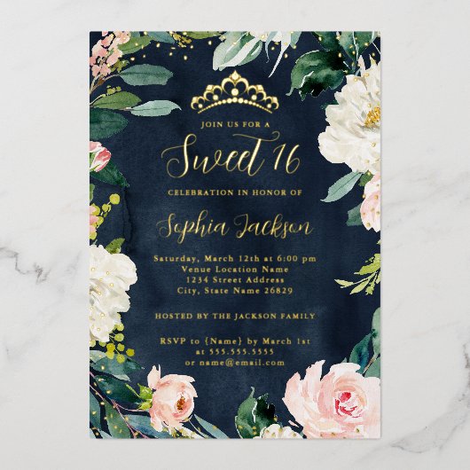 ティアラフローラスイート16ピンクネイビー金ゴールド 箔招待状 (正面)