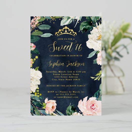 ティアラフローラスイート16ピンクネイビー金ゴールド 箔招待状 (立ち正面)