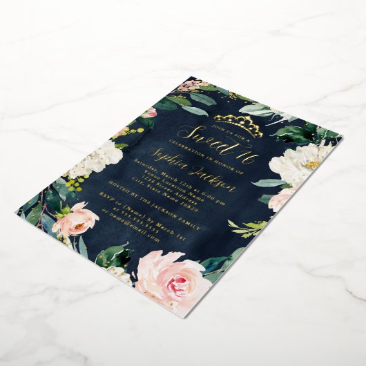 ティアラフローラスイート16ピンクネイビー金ゴールド 箔招待状 (回転した状態)