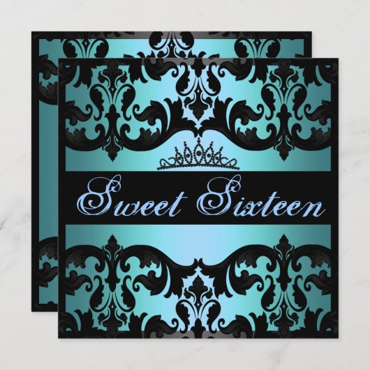 ティアラブルースウィート16ダマスク誕生日招待状 招待状 (正面/裏面)