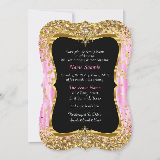 ティアラプリンセススイート16ピンク金ゴールドブラック招待状 招待状 (裏面)